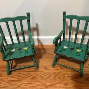 Vintage 1980s Green Wooden Doll Size Chairs with Floral Design